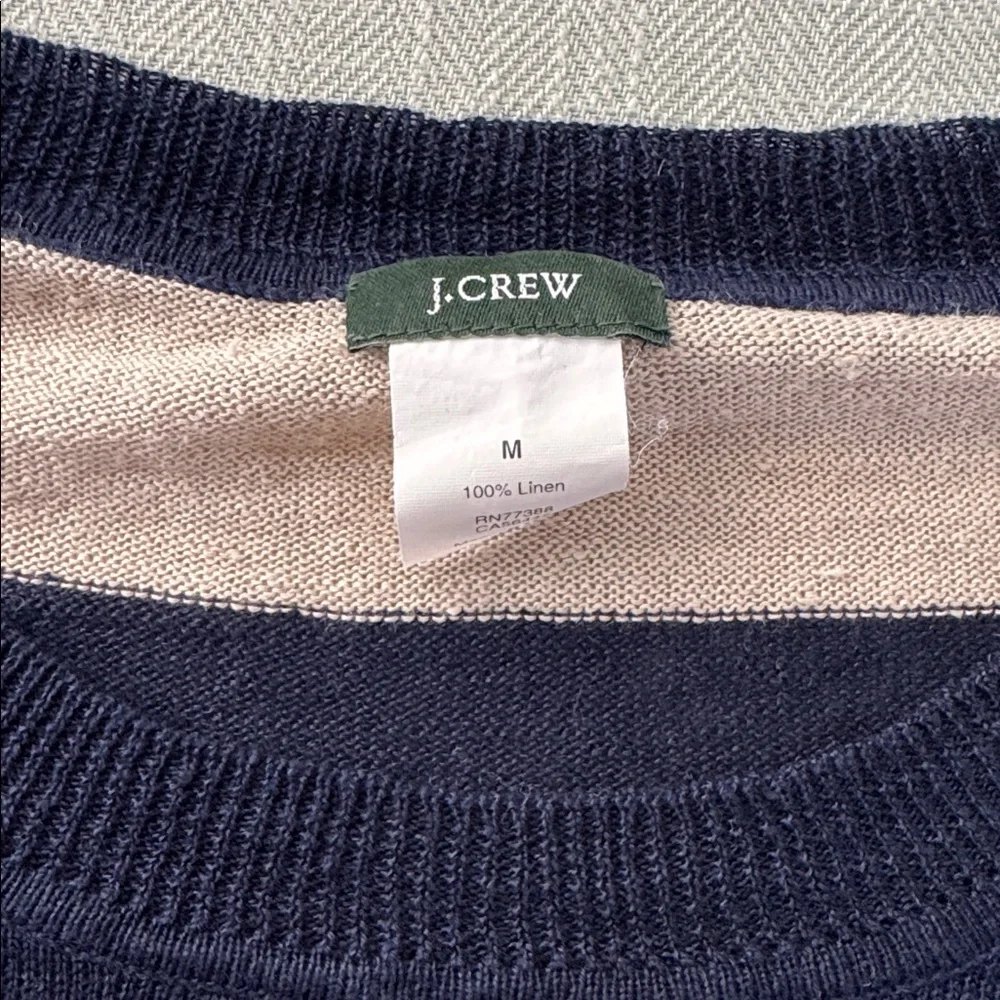 J. Crew Women's Linen Navy and Cream Striped Crewneck Sweater Size: M